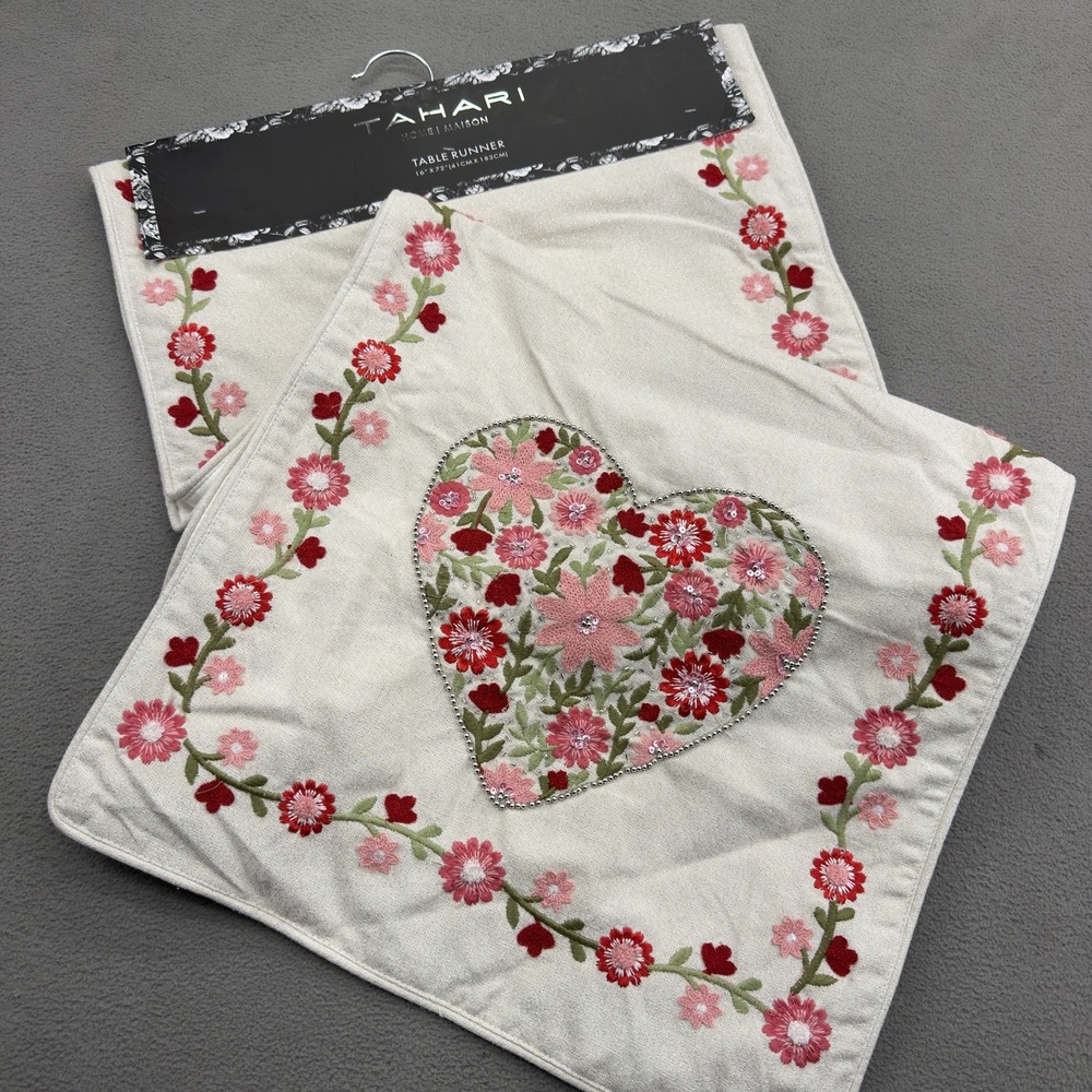 Tahari Home Valentine Floral Heart Beaded Embroidered Table Runner Pink Red 72"
